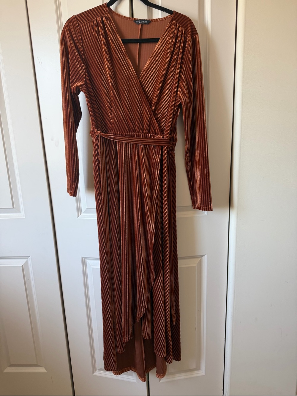 Simplee Apparel Copper Velvet High-Low Wrap Dress
